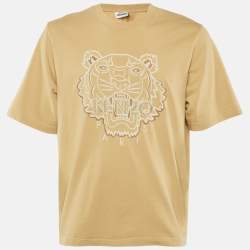 مملوكة مسبقًا Kenzo Dark Beige Tiger Embroidered Cotton Knit T-Shirt L