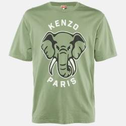 Pre Owned Kenzo Green Elephant Printed Cotton Knit T-Shirt L