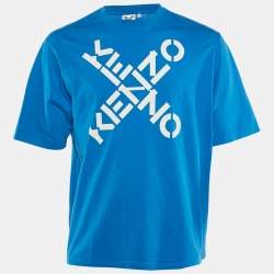 Pre Owned Kenzo Blue Logo Print Cotton Crew Neck T-Shirt M