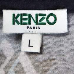 Pre Owned Kenzo Navy Blue Printed Cotton Logo Detail Crew Neck T-Shirt L