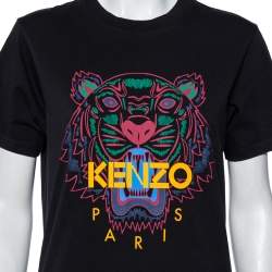 مملوكة مسبقًا تي شيرت كينزو قطن مطبوع نمر أسود رقبة مستدديرة مقاس صغير (سمول)