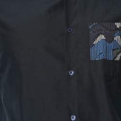 Pre Owned Kenzo Navy Blue Cotton Contrast Patch Detail Short Sleeve Slim Fit Shirt M