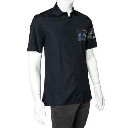 Pre Owned Kenzo Navy Blue Cotton Contrast Patch Detail Short Sleeve Slim Fit Shirt M