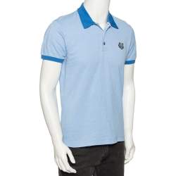 Kenzo Blue Chambray Tiger Motif Appliqued Polo T-Shirt M