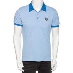 Kenzo Blue Chambray Tiger Motif Appliqued Polo T-Shirt M