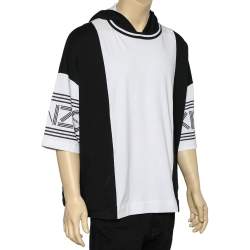 Pre Owned Kenzo Monochrome Cotton Knit Logo Printed Sleeve Hooded Oversized Sweatshirt S