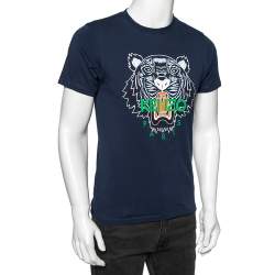 Pre Owned  Kenzo Navy Blue Tiger Printed Cotton Crew Neck Short Sleeve T-Shirt S
