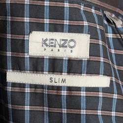 Pre Owned Kenzo Vintage Indigo Blue Cotton Checked Slim Fit Shirt XXL