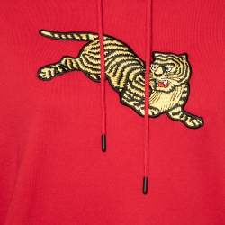 Kenzo Red Cotton Rib Knit Jumping Tiger Patch Hoodie M