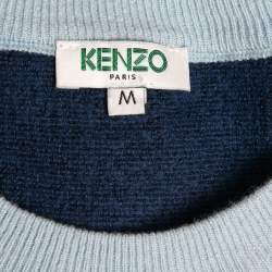 Pre Owned Kenzo Blue Colorblock Wool Logo Patch Sweater M