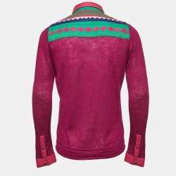 Pre Owned Kenzo Purple/Green Cotton Knit Embroidered Panel Button Front Shirt M
