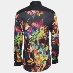Pre Owned Kenzo Black Cotton Floral Print Panel Button Front Shirt M