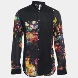 Pre Owned Kenzo Black Cotton Floral Print Panel Button Front Shirt M