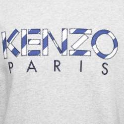 Pre Owned Kenzo Grey Logo Embroidered Cotton Knit Crew Neck Sweatshirt L
