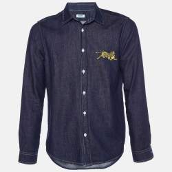 Pre Owned Kenzo Navy Blue Denim Jumping Tiger Embroidered Button Front Shirt M