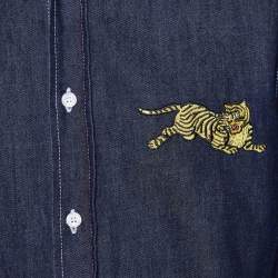 Pre Owned Kenzo Navy Blue Denim Jumping Tiger Embroidered Button Front Shirt M
