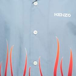 Pre Owned Kenzo Slate Blue Flame Print Cotton Short Sleeve Bowling Shirt L