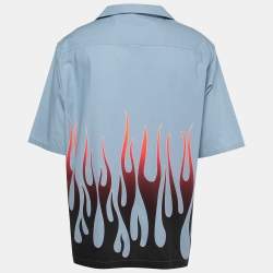 Pre Owned Kenzo Slate Blue Flame Print Cotton Short Sleeve Bowling Shirt L