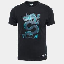 Pre Owned Kenzo Black Dragon Print Cotton Crew Neck Half Sleeve T Shirt M
