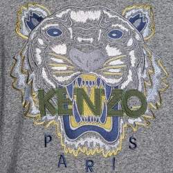 Pre Owned Kenzo Grey Tiger Embroidered Melange Cotton Crew Neck Sweatshirt XL