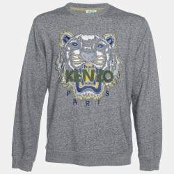 Pre Owned Kenzo Grey Tiger Embroidered Melange Cotton Crew Neck Sweatshirt XL