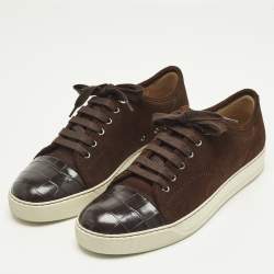 Pre Owned Lanvin Size 41 Brown Croc Embossed Leather and Suede Lace Up Sneakers