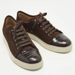 Pre Owned Lanvin Size 41 Brown Croc Embossed Leather and Suede Lace Up Sneakers