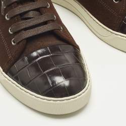 Pre Owned Lanvin Size 41 Brown Croc Embossed Leather and Suede Lace Up Sneakers