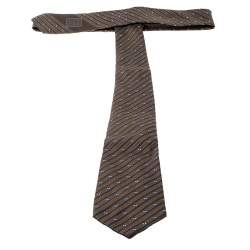 Lanvin Vintage Brown Diagonal Striped Embroidered Traditional Silk Tie