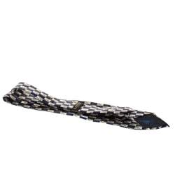 Lanvin Blue Checkered Leaf Print Silk Tie