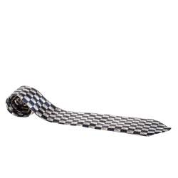 Lanvin Blue Checkered Leaf Print Silk Tie