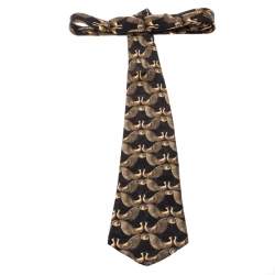 Lanvin Vintage Black and Gold Bird Print Silk Tie