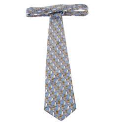 Pre Owned Lanvin Vintage Blue and Gold Dolphin Print Silk Tie