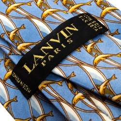 Pre Owned Lanvin Vintage Blue and Gold Dolphin Print Silk Tie