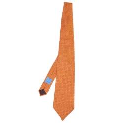 Pre Owned Lanvin Orange Floral Motif Jacquard Silk Tie