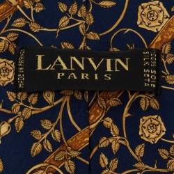 Pre Owned Lanvin Navy Blue/Gold Floral Print Silk Tie & Pocket Square Set