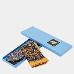 Pre Owned Lanvin Navy Blue/Gold Floral Print Silk Tie & Pocket Square Set