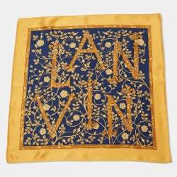 Pre Owned Lanvin Navy Blue/Gold Floral Print Silk Tie & Pocket Square Set