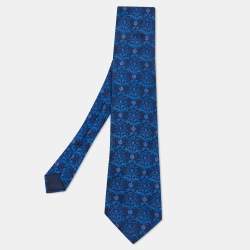 Lanvin Navy Blue Floral Printed Silk Satin Tie