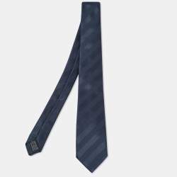 Pre Owned Lanvin Midnight Blue Diagonal Stripe Pattern Silk Tie