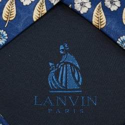 Pre Owned Lanvin Blue Leaf Print Satin Silk Traditional Tie 