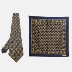 Lanvin Navy Blue Floral Print Satin Silk Pocket Square and Tie 