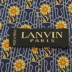 Lanvin Navy Blue Floral Print Satin Silk Pocket Square and Tie 