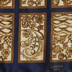 Pre Owned Lanvin Blue Printed Satin Silk Pocket Square and Traditional Tie 