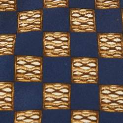 Pre Owned Lanvin Blue Printed Satin Silk Pocket Square and Traditional Tie 