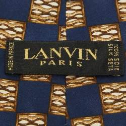 Pre Owned Lanvin Blue Printed Satin Silk Pocket Square and Traditional Tie 