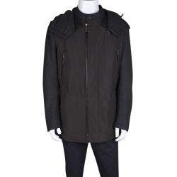 Lanvin Charcoal and Olive Leather Trim Zip Front Hooded Wool Jacket L