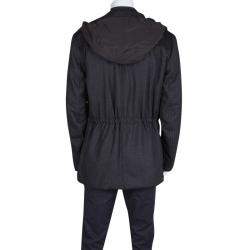 Lanvin Charcoal and Olive Leather Trim Zip Front Hooded Wool Jacket L