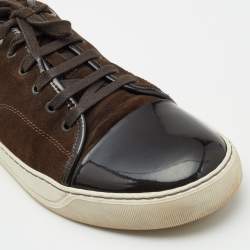 Lanvin Dark Brown Patent Leather and Suede Low Top Sneakers Size 46