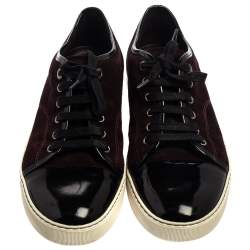 Lanvin Burgundy/Black Suede and Patent Leather Low Top Sneakers Size 42